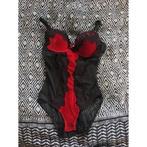 Red and black velvet, lace and mesh lingerie